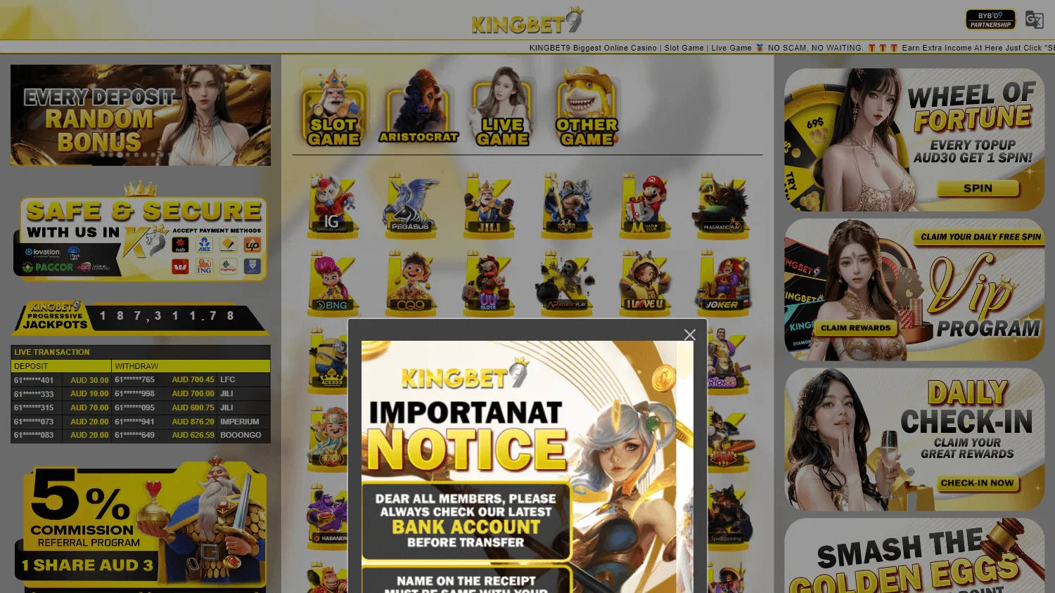 Kingbet9 Casino desktop games area with pokies and casino titles