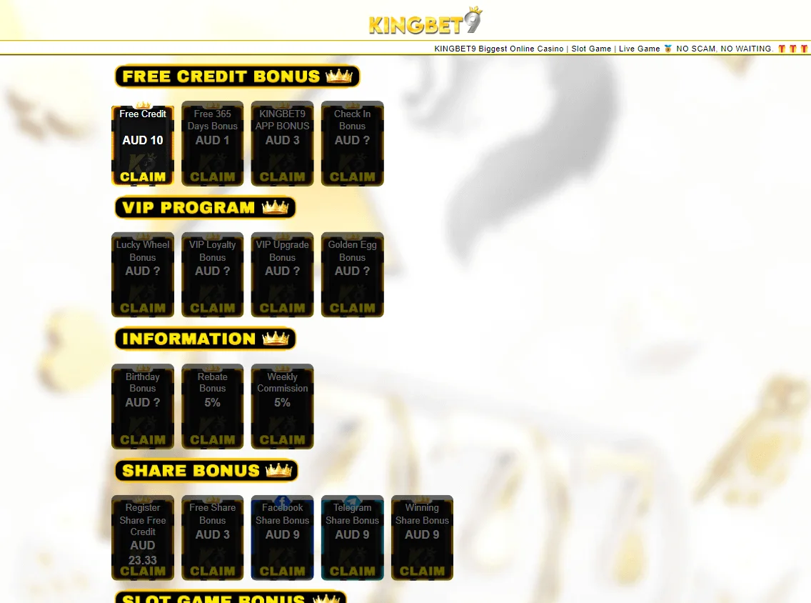 Kingbet9 Casino desktop promotions area with bonus and loyalty offers